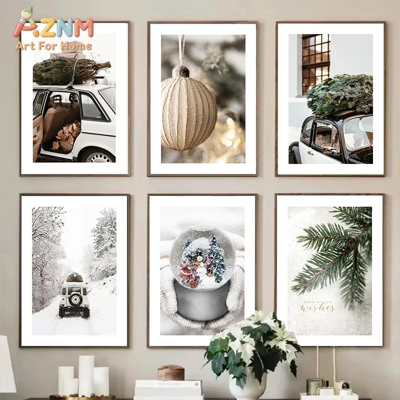 AZNM Neutral Winter Christmas Canvas Print, Vintage Car Snow Globe Pine Branch Unframed Canvas Painting, Xmas Holiday Wall Art f