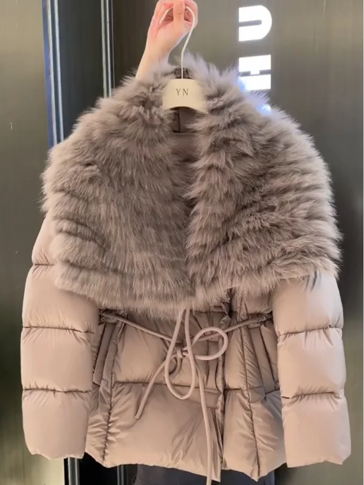 Inverno thiened algodão jaet feminino faion dstring cintura fino ajuste quente ort casaco grande gola de pele commute sle