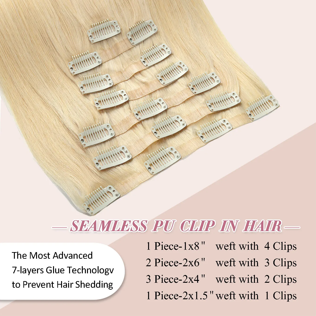 وصلات شعر بمشبك PU بدون خياطة، شعر بشري # 60 مشبك شعر بشري مفرود أشقر بلاتيني في وصلات الشعر للنساء 7 قطع #2