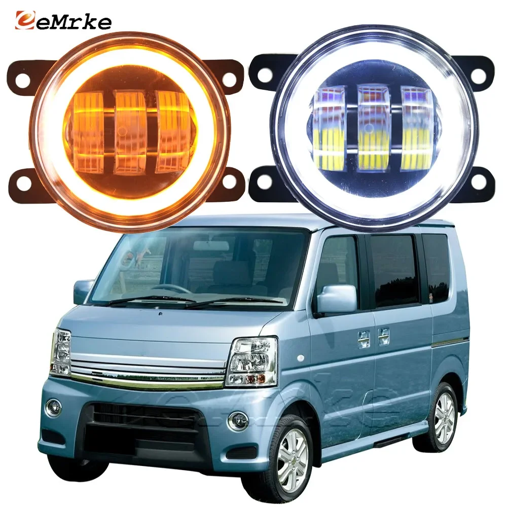 2x Car LED Angel Eye DRL for Suzuki Every Wagon DA64W 2011-2015 Fog Lights Lamp Assembly with Lens Yellow Turn Signal Lights