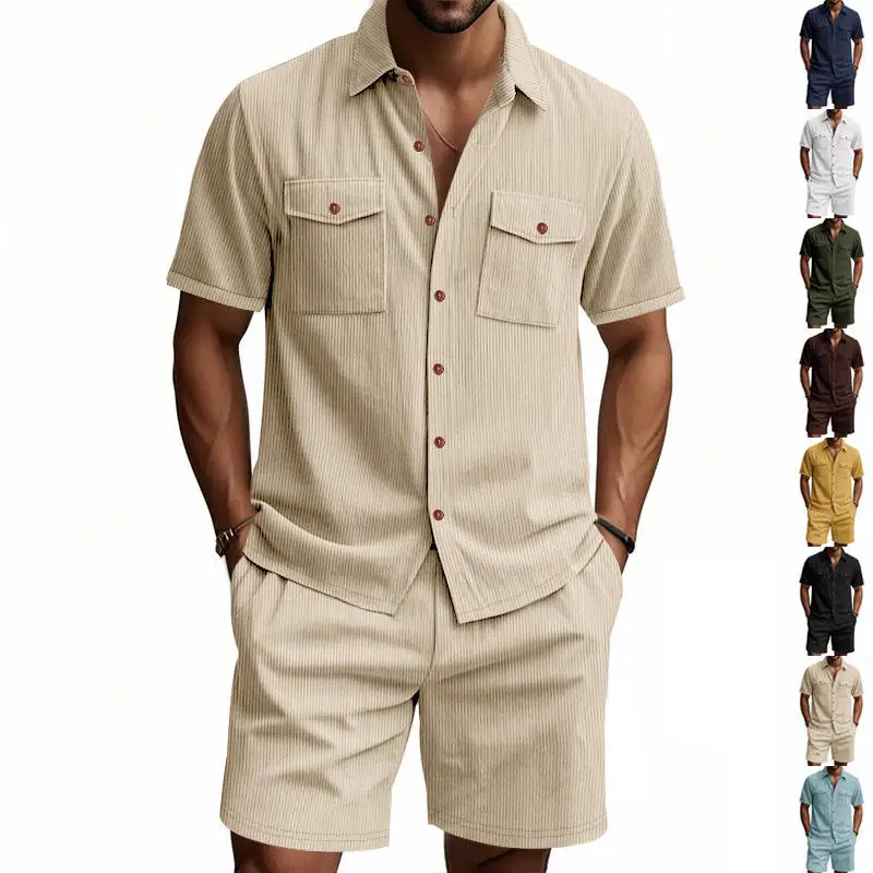 

New Summer Men's Corduroy Pocket Shirt Short Sleeve Five-Quarter Shorts Two-Piece Set Fashionable Casual Wear for Men