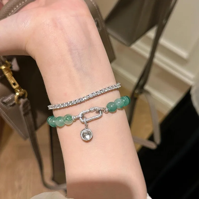 Natural chalcedony Round Beads Green Bracelets for women Fashion Luxury Exquisite inlay Diamond High Grade Bracelet Jewelry