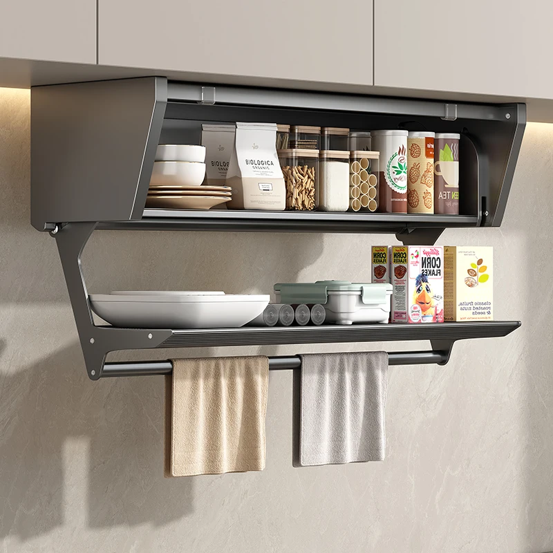 #Kitchen hanging cabinet lower shelf pull-down cabinet lifting multi-functional seasoning rack wall hanging folding seasoning