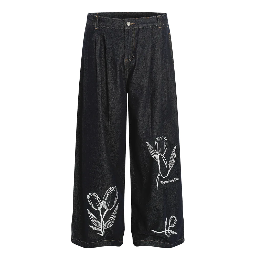 Blumendruck Jeans mit weitem Bein für Herren, Top-Stich, plissiert, Retro, High Street, lockere, dunkle Denim-Hose für Herren – Detail 6