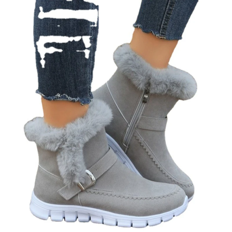 Botas de nieve cálidas de piel para Mujer, zapatos informales de gamuza de felpa corta, botines planos de Gladiador, Botas deportivas para Mujer,