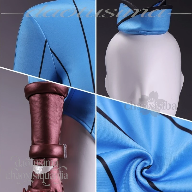 Street Fighter Cammy White Complete Cosplay Set Blue Stripes Bodysuit Jumpsuit Matching Headwear Gloves For Anime Dress‑up view 3