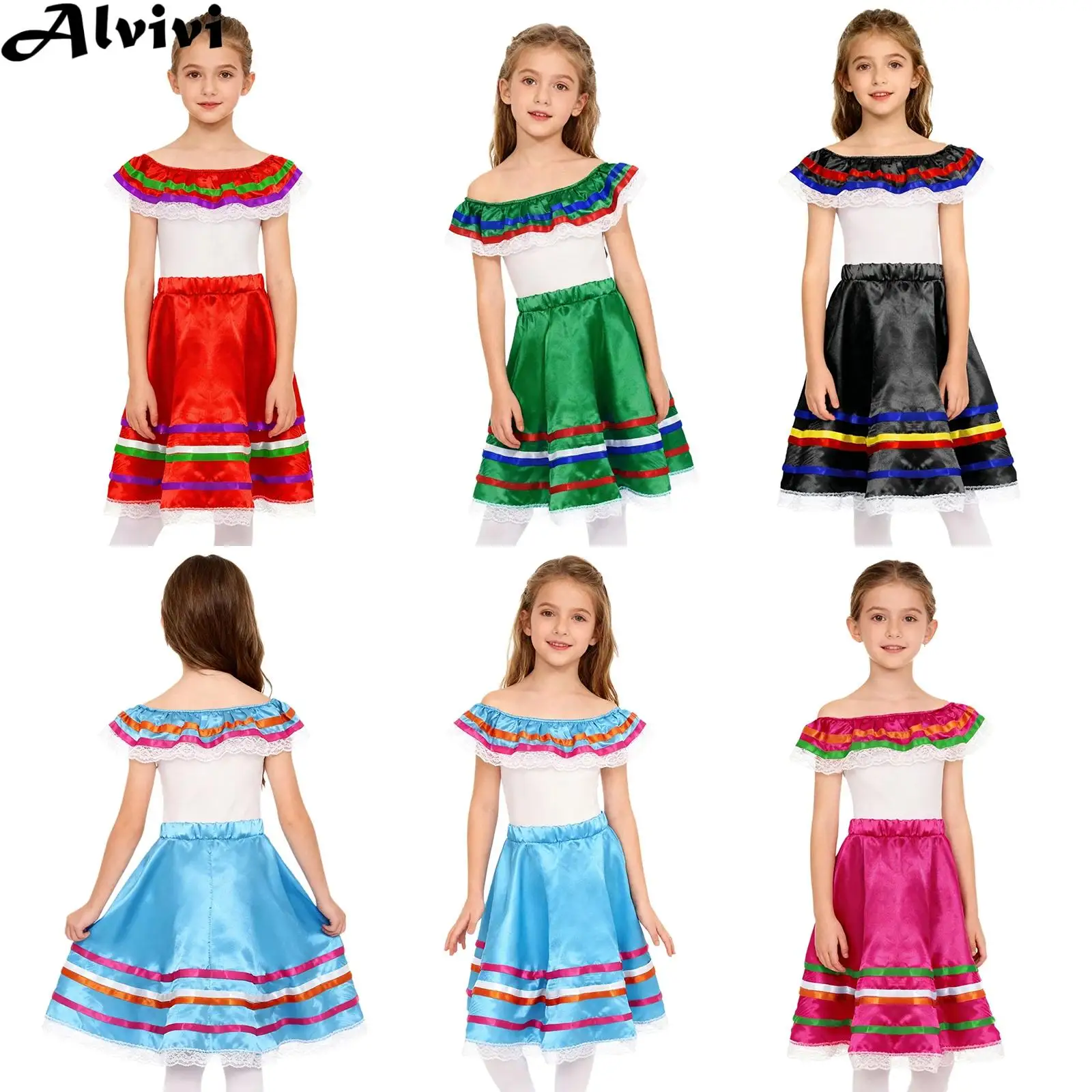 Kids Girls Halloween Carnival Mexican Ethnic Performance Costume Off Shoulder Top with Elastic Waistband Lace Ribbon Trim Skirt