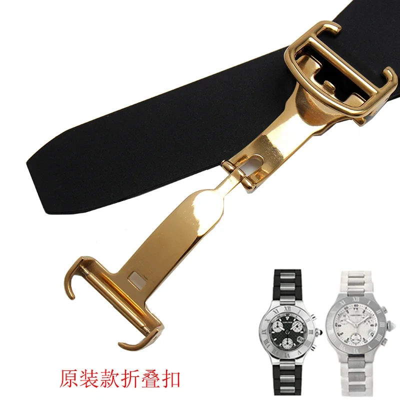 High quality silicon tape 20mm*10mm Black Rubber Replacement Watch Band With Silver Clasp For Cartier 21 Chronoscaph