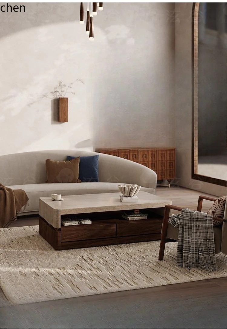 ZML Solid Wood Walnut Marble Surface Travertine Antique Style Walnut Coffee Table Rectangular