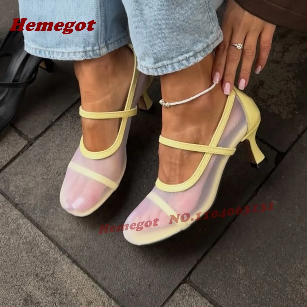 

Yellow Mesh Kitten Heels Pumps Cross Strap Round Toe Shallow Pumps for Summer Daily One Strap Splicing Shoes Concise Elegant