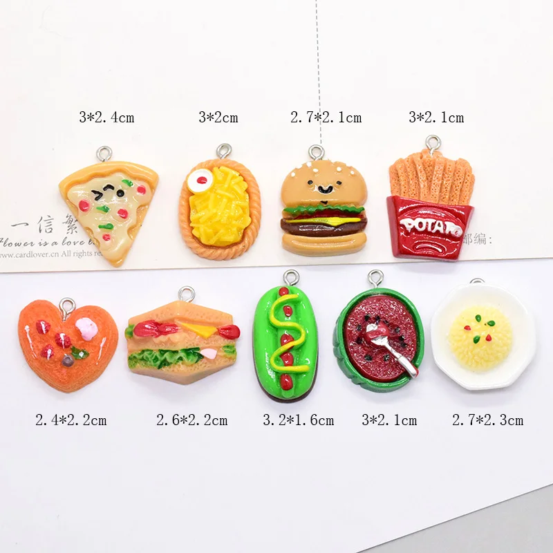 10pcs Cute French Fries Pizza Hamburger Resin Charms Kawaii Watermelon Food Earring Pendant Diy Keychain Charms For Jewelry Make