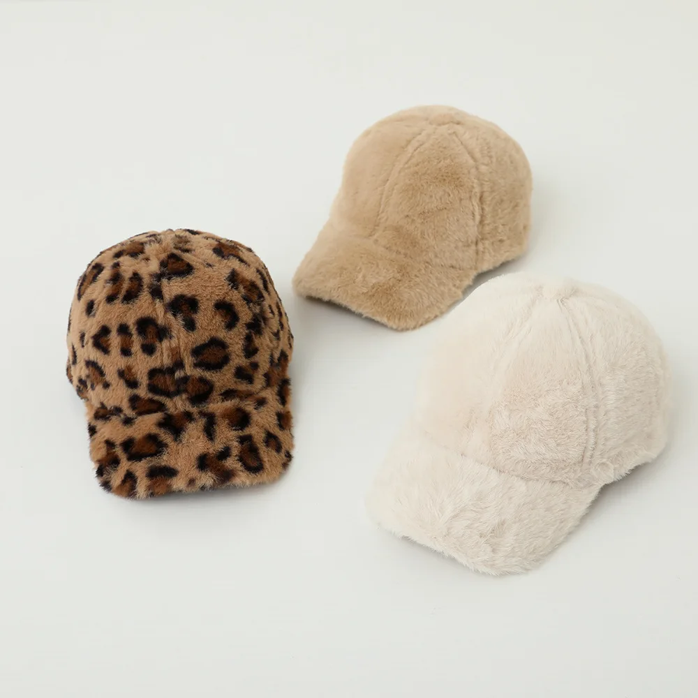 Autumn Winter Girl Kid Plus Velvet Warm Leopard Peaked Cap Boy Baby Fashion Fleece Windproof Baseball Hat Children Solid Caps