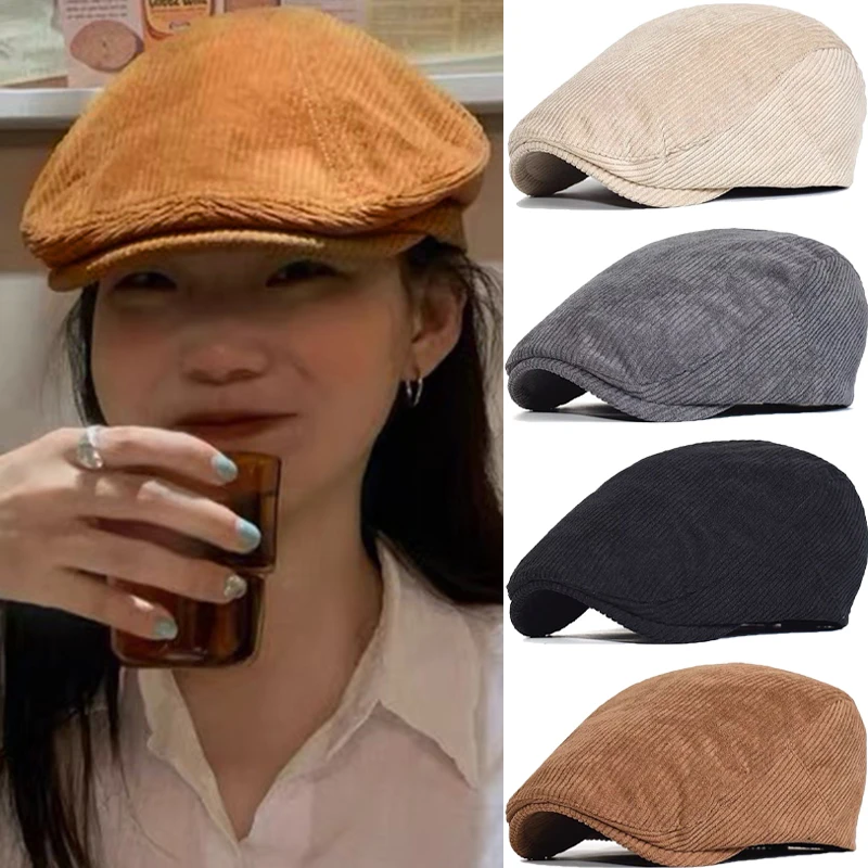 Retro Corduroy Beret Hat Men Vintage Solid Color Berets Adjustable Casquette  Caps Casual Classic British Painter Hat