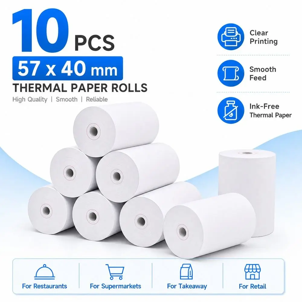 10Pcs 57x40mm Thermal Paper Roll White Smooth Feed Receipt Paper Roll Clear Printing Printer Paper Roll