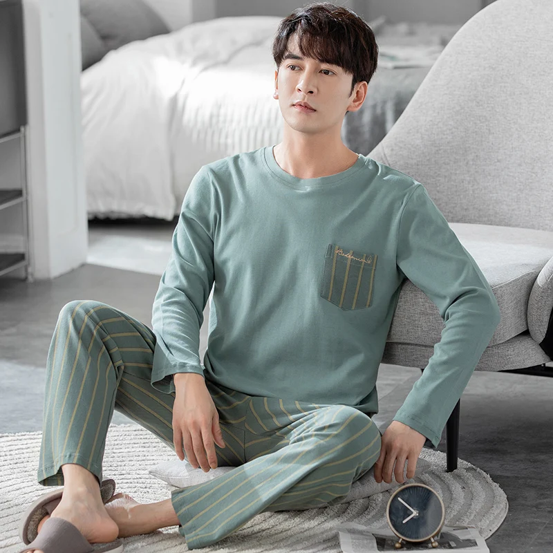 L-3XL men\'s long sleeved pajamas pure cotton round neck pullover men\'s pajamas for casual wear