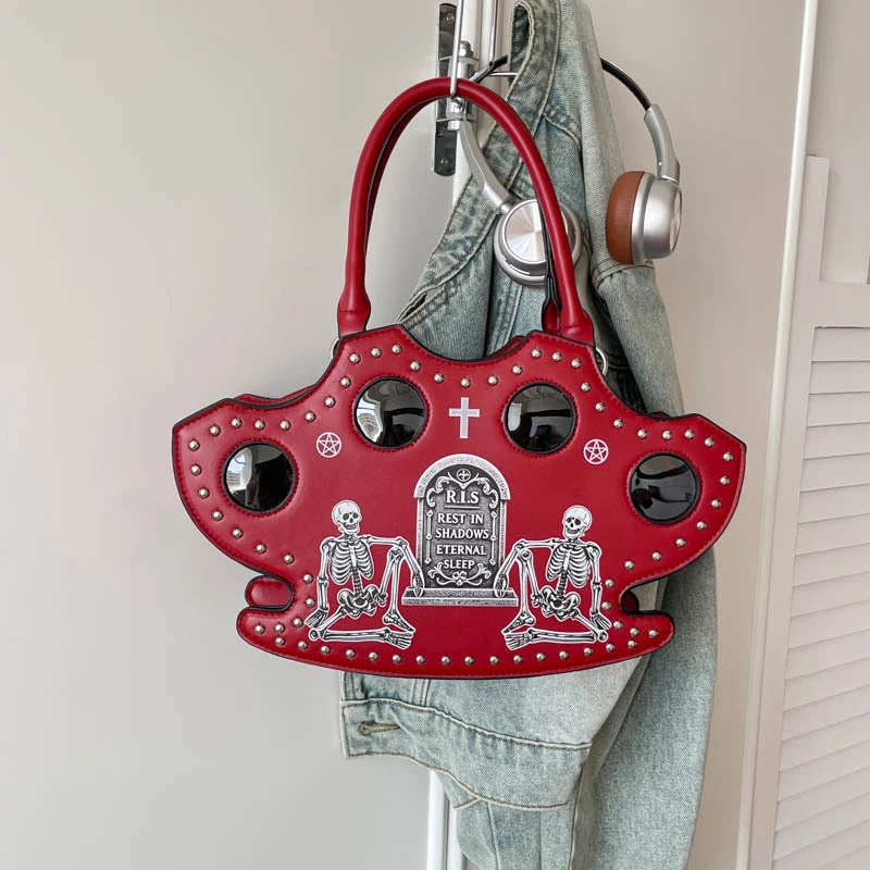 Halloween Totenkopf-Kreuz-Print Umhängetasche, Damen Gothic Nieten-Dekorations-Handtasche, Y2k Mädchen Stilvolle Einzigartige Tragetasche – Detail 8