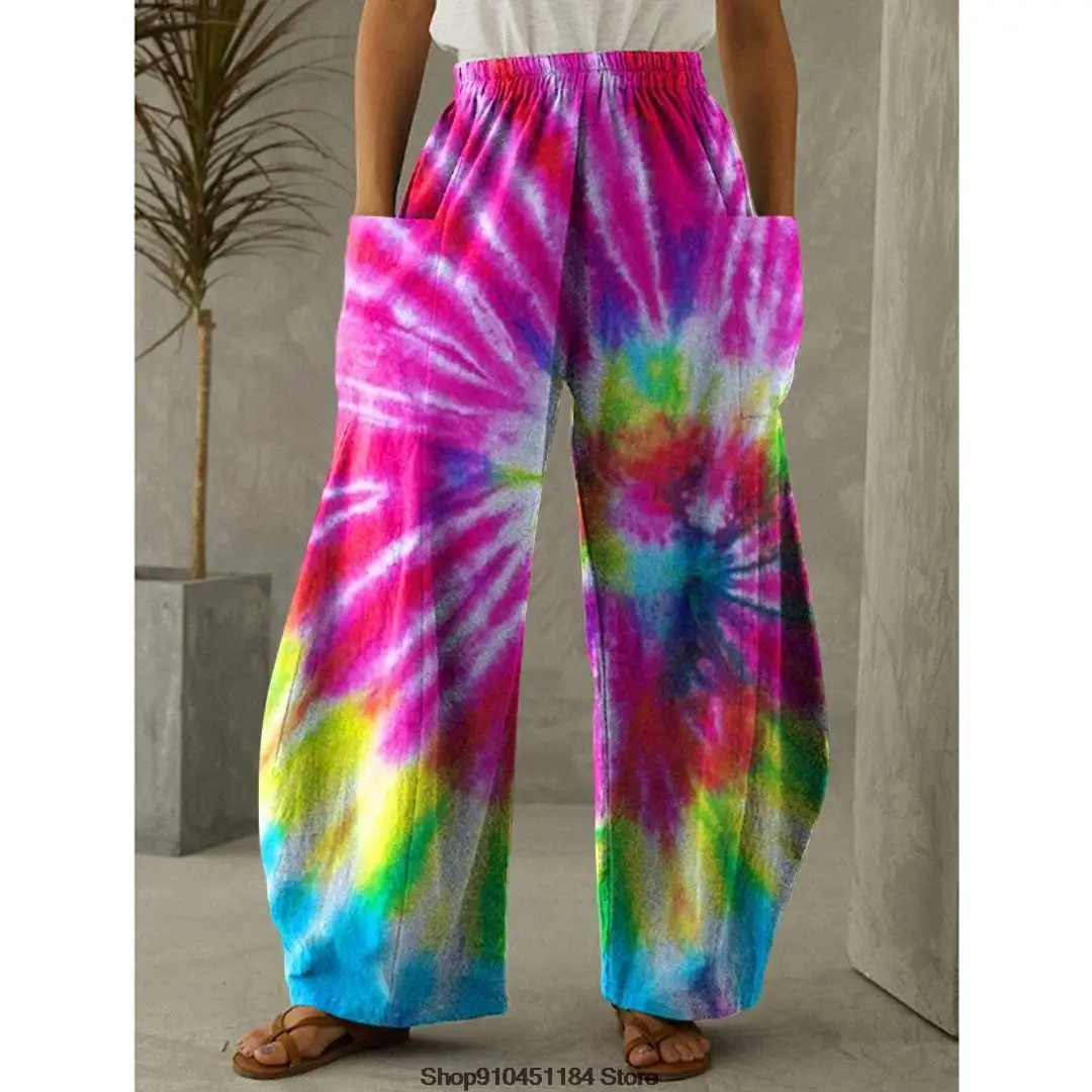 Printed Wide Leg Pants Vintage High Waist Trousers 3D Colorful Tie Dyeing Style Side Pocket Design Loose Casual Wide Leg Pants