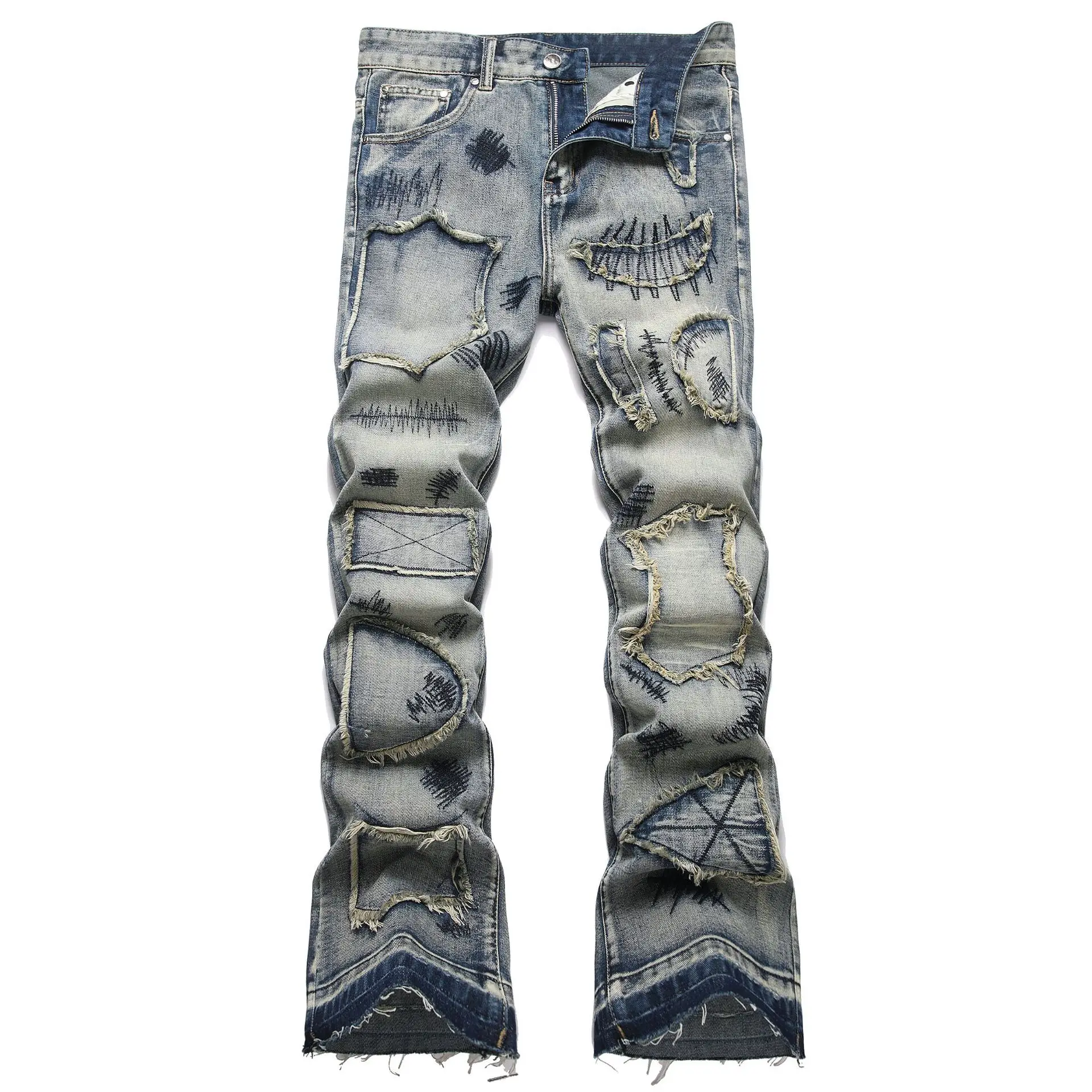 

Men's Ripped Flare Jeans Pants Fashion High Streetwear Washed Hip Hop Denim Trousers With Patchwork Bootcut Jeans
