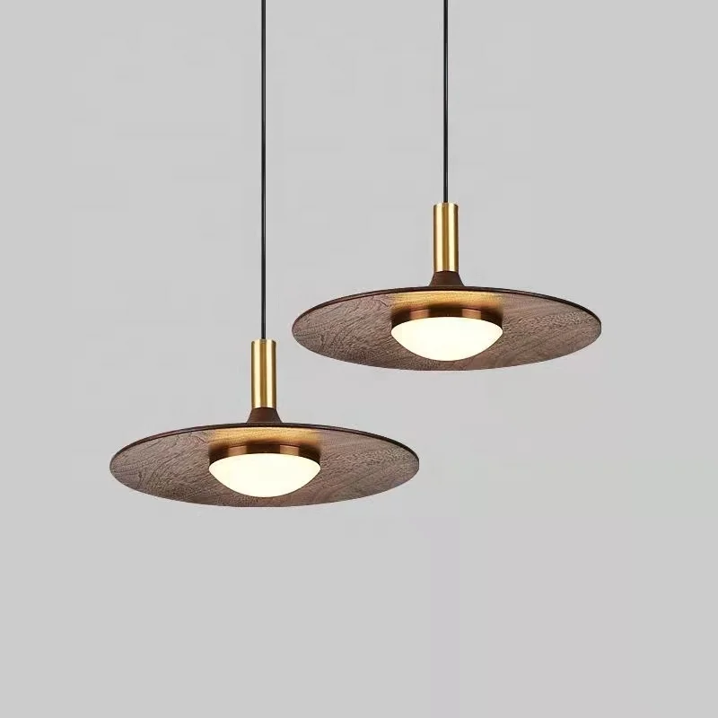 Nordic Flying Saucer LED Pendant Light Fixture Solid Wood Copper Home Lighting for Living Room Kitchen Island Bedside Hanging La