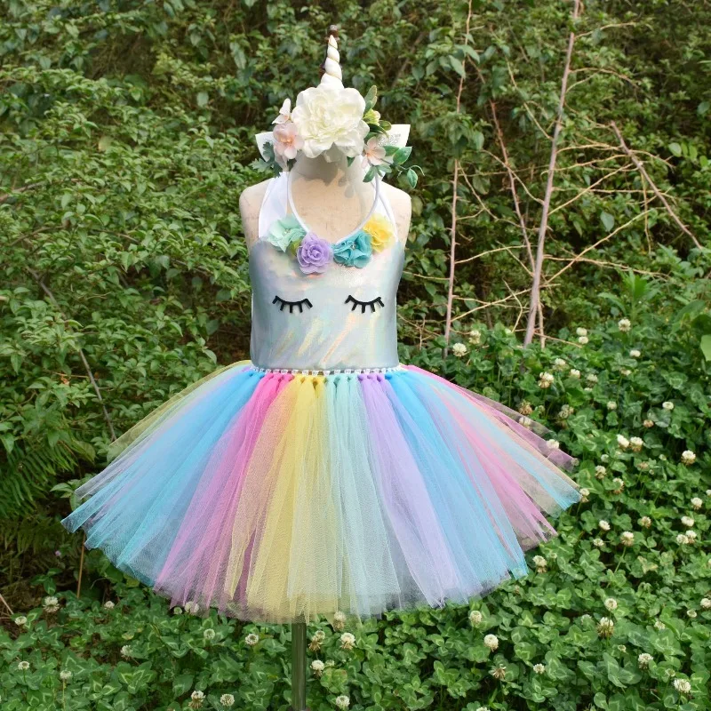 Colorful tulle tutu skirt with children's cartoon theme, casual daily dress for girls, suitable for Halloween and festival party
