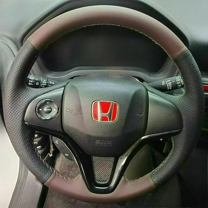 Hand-stitched renovation Non-slip black brown Leather car steering wheel coverFor Honda Fit City Jazz 2014 2015 HRV HR-V 2016