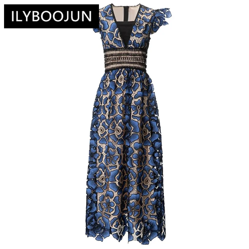 

ILYBOOJUN Summer New Style Fashion Runway Dress Women's Blue V-Neck Elastic Waist Splice Embossed hollow party Dresses