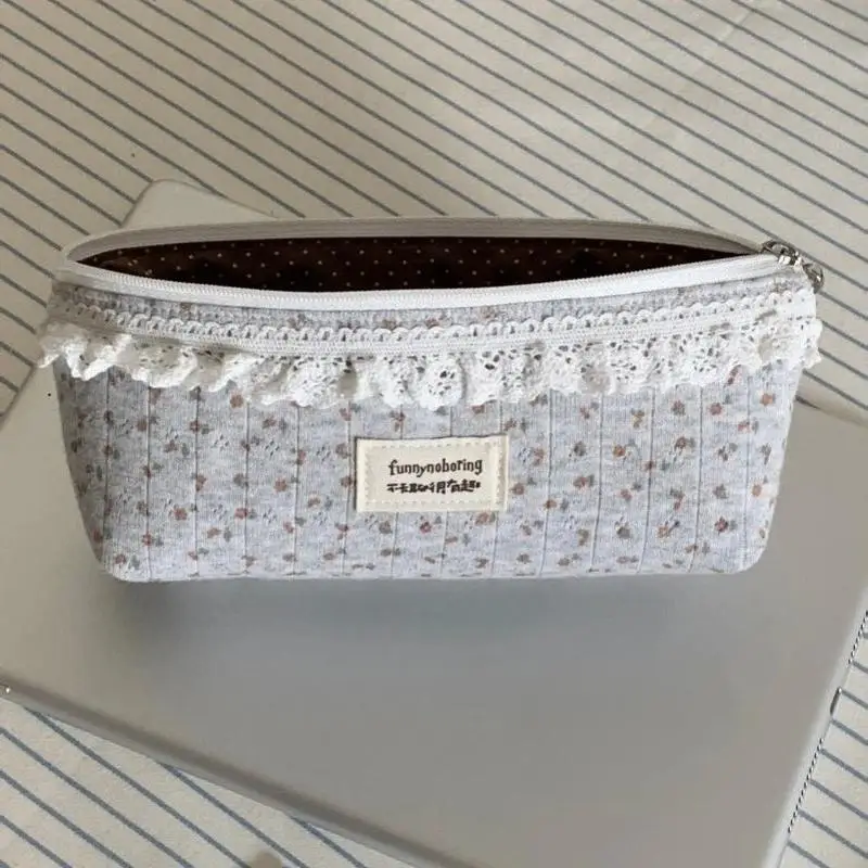 Hot Sale Multi Function Floral Grey Large Capacity Pencil Pouch Lace Trim School Office Stationery Supplies