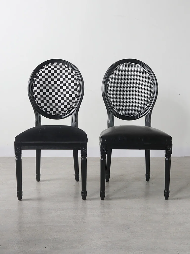 LTT light French black dining chair checkerboard backrest minimalist modern round back solid wood chair