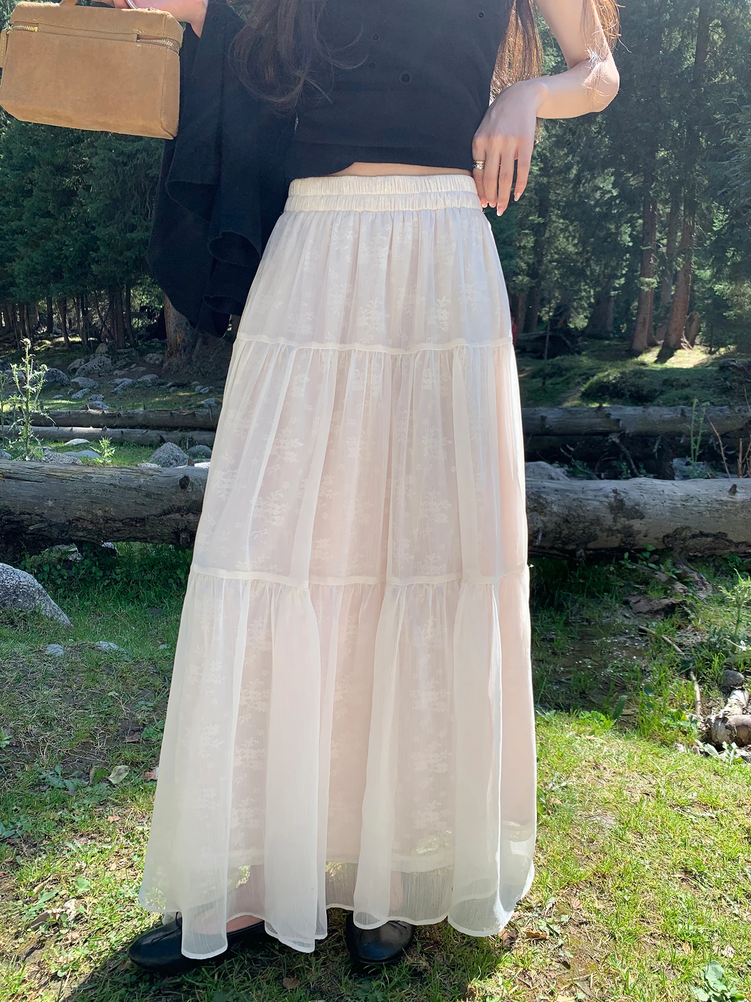 Pusumede Gentle Sister Lightweight Ethereal Lace Half Skirt Women's Elegant A-Line Cake Skirt Wide Hem Long Skirt