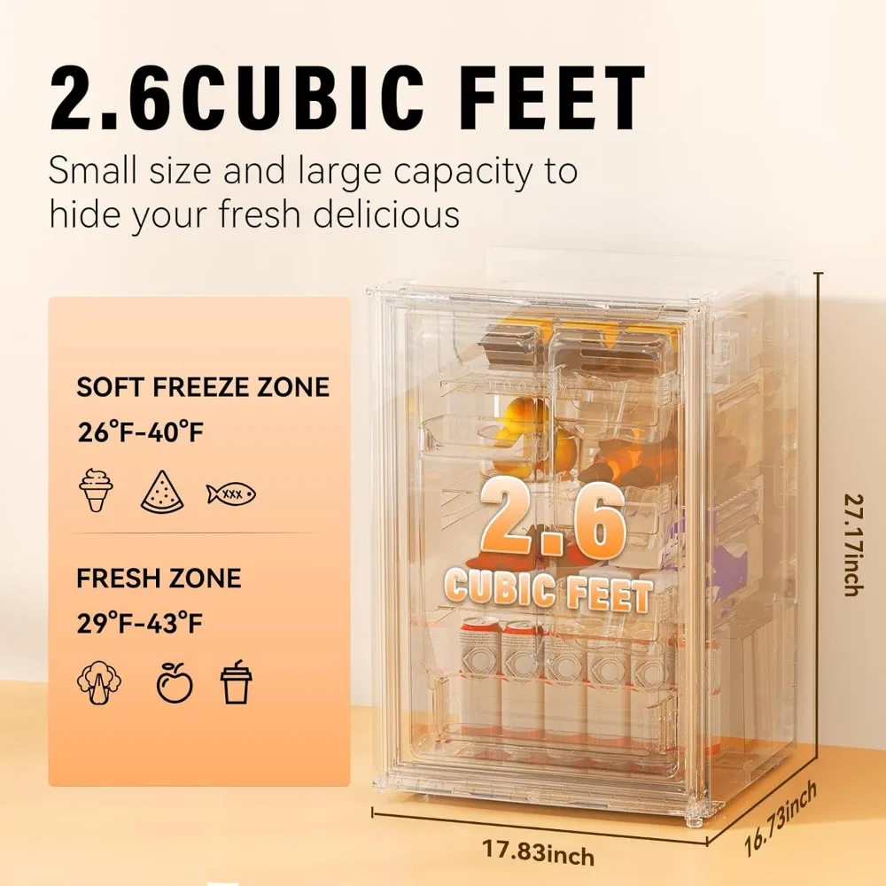 2.6 Cu.Ft Mini Fridge for Bedroom, Dorm Fridge with Freezer, Reversible Door for Room and Office, Adjustable Temperature