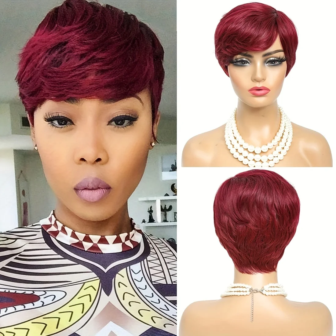 99J Pixie Cut Human Hair Short Layered Wigs For Women  Machine Made Wig Dark Burgundy Red Color Glueless Short Human Hair Wigs P