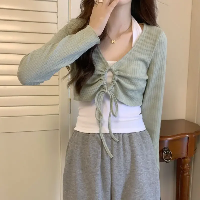 American Vintage Hollow Two Piece Crop Tops Women Fashion Slim V-neck Halter+long Sleeve Drawstring Short Smock Spring Autumn