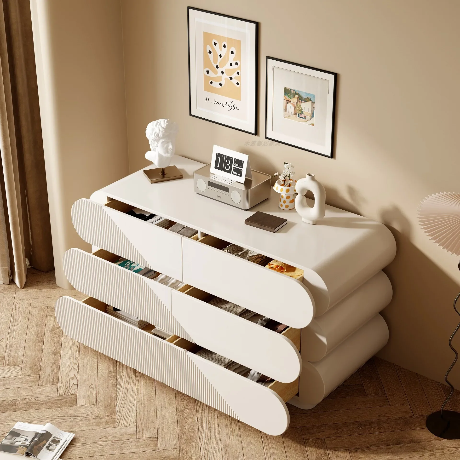 Cream wind solid color solid wood drawer 6 buckets simple dining side cabinet bedroom storage cabinet