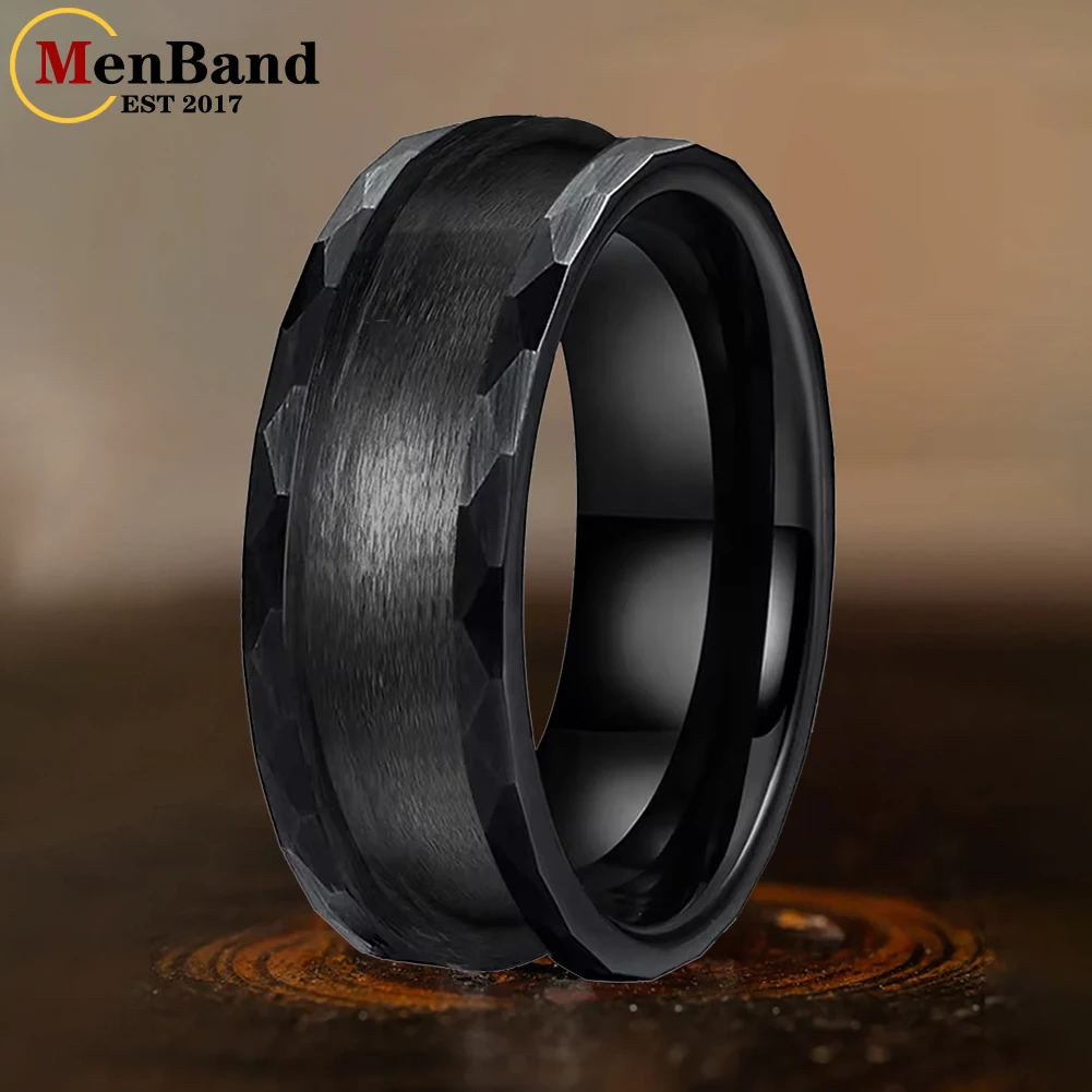 MenBand 8mm Hammered Black Tungsten Blank Core Ring for Customized Inlay with 5mm Groove Pipe Cut Matte Comfortable Fit