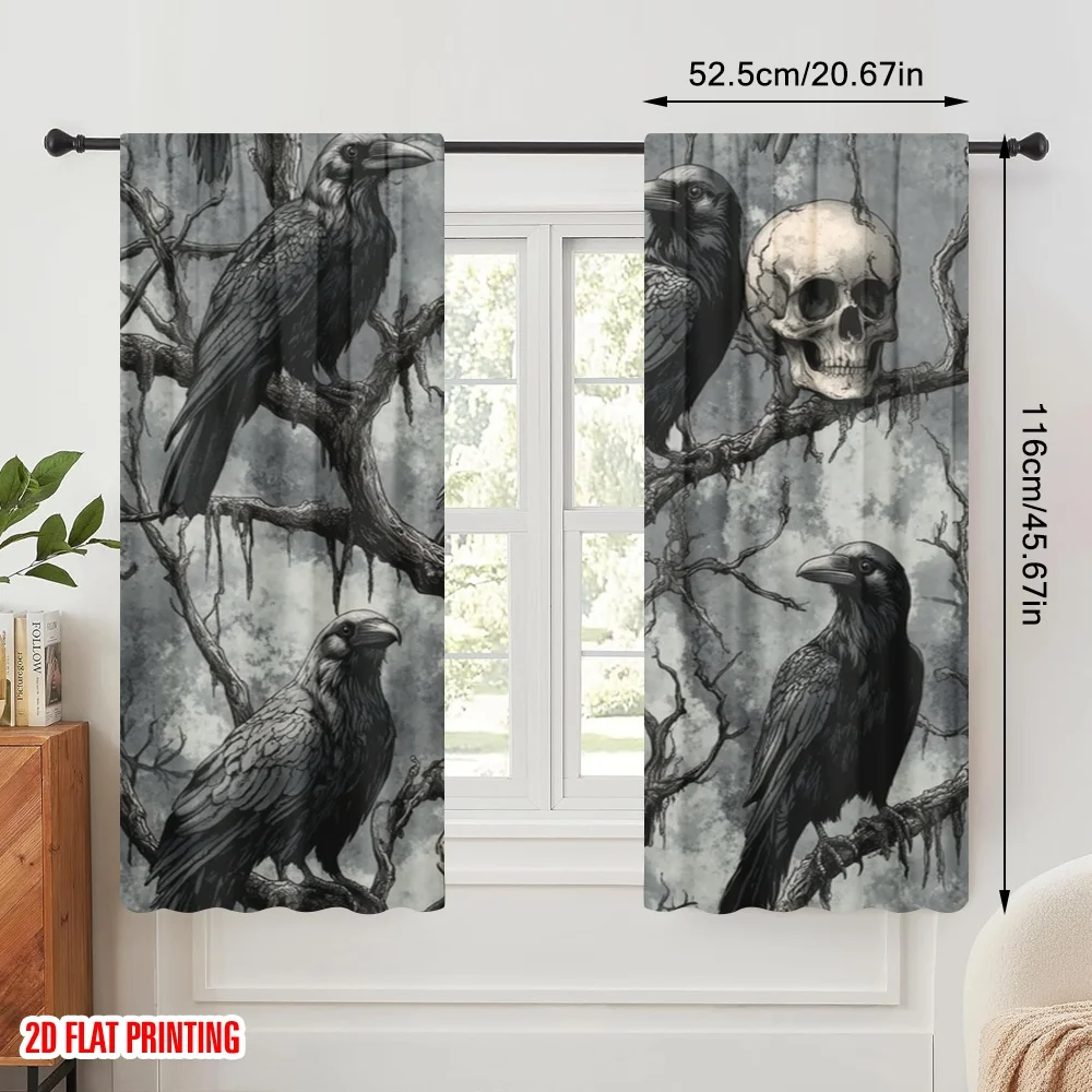 2pcs,2D plane printing Print Curtains Ravens and Skulls Durable 100% Polyester Fabric (without rod) All Seasons for Bedroom
