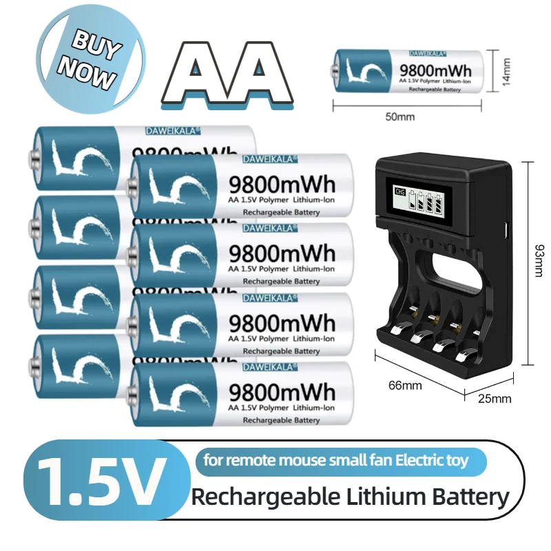

1.5V AA Lithium-ion Rechargeable Battery 9800mWh 3266mAh Long Lasting for Remote Mouse/Toy/Fan Fast Charging Safe
