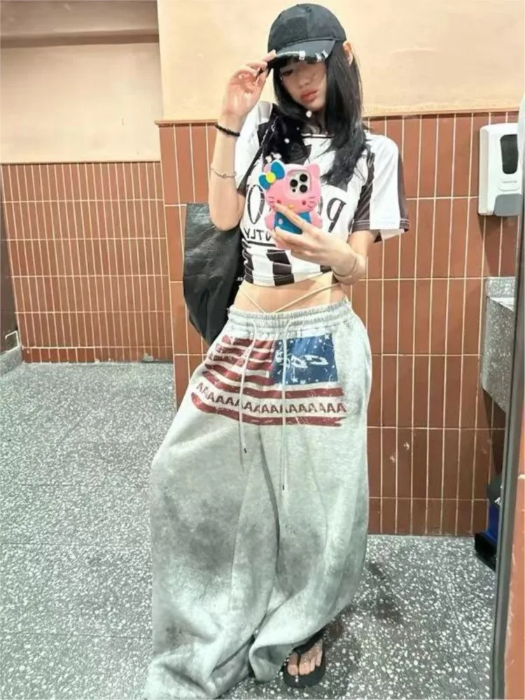 Y2K كلية الأمريكية الهيب هوب القوطي طباعة الرباط واسعة الساق Sweatpants فضفاضة 90s شارع العليا بنطال رياضي الطابق طول السراويل #6