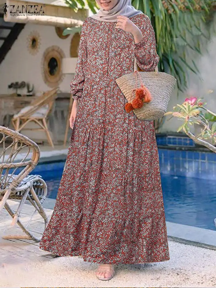 ZANZEA-Robe musulmane à imprimé floral pour femmes, robe d\'été Abaya à volants, caftan vintage, robe maxi éducative, mode décontractée, 2023