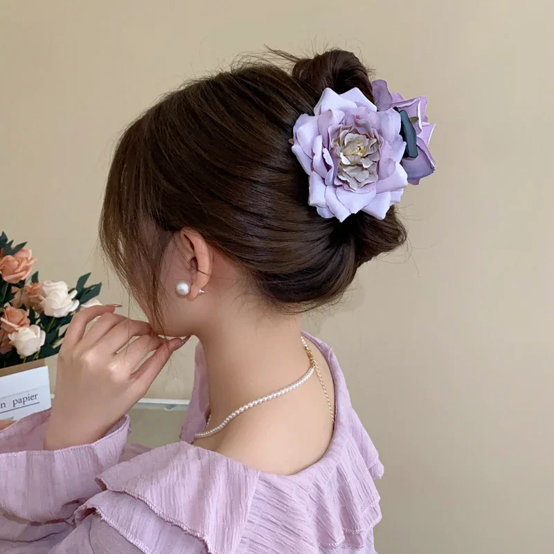 1/2 Pcs Gradient Colorful Dried Rose Flower Hair Claws for Women Vintage New Sweet Temperament Fashion Fairy Shark Clips Sets
