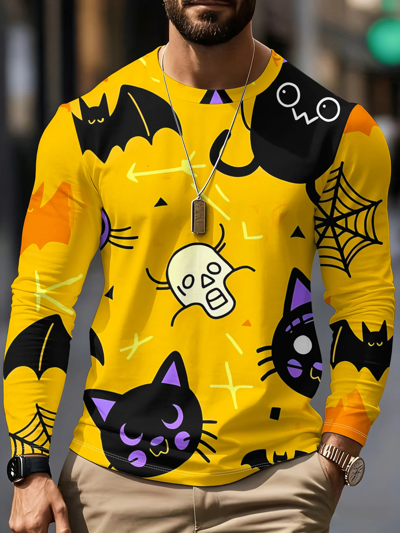 Men's Long Sleeve T‑Shirt Cartoon Black Cat Bat Skull Spider Web All‑Over Print Crew Neck Fun Halloween Casual Streetwear Top