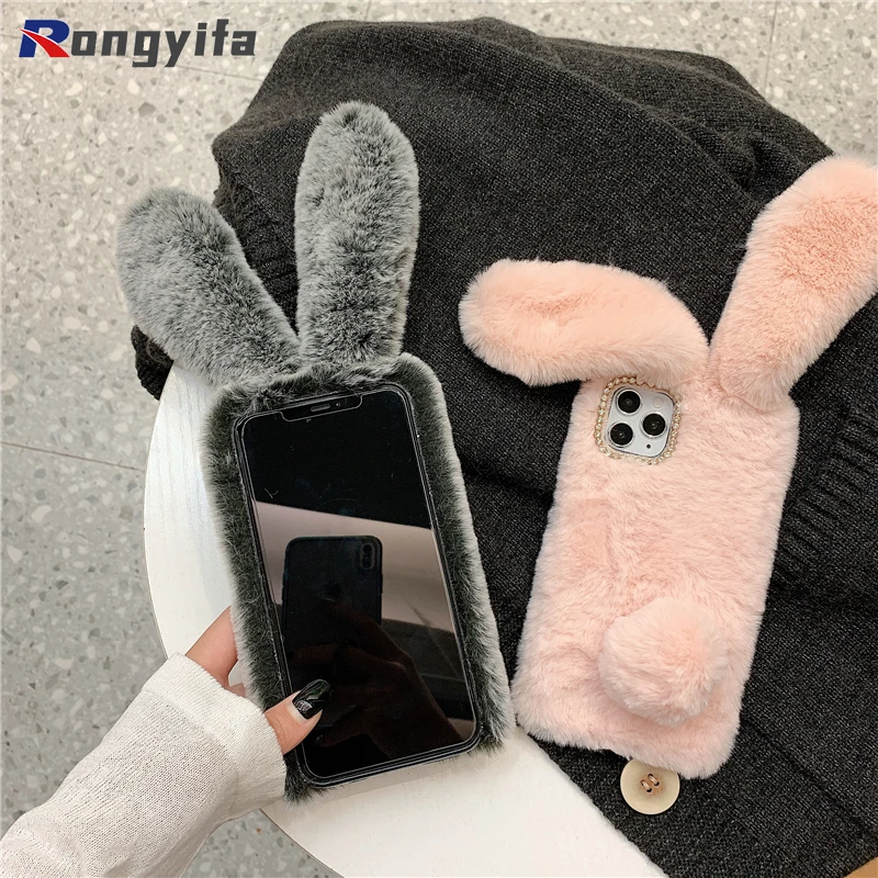 Plush Fur Rabbit Case For Xiaomi Redmi 10C 10 9A 9C 9 Note 12 11 10 9 8 7 6 Pro Max 11s 10s 9s Warm Phone Cover Cute Fluffy Case