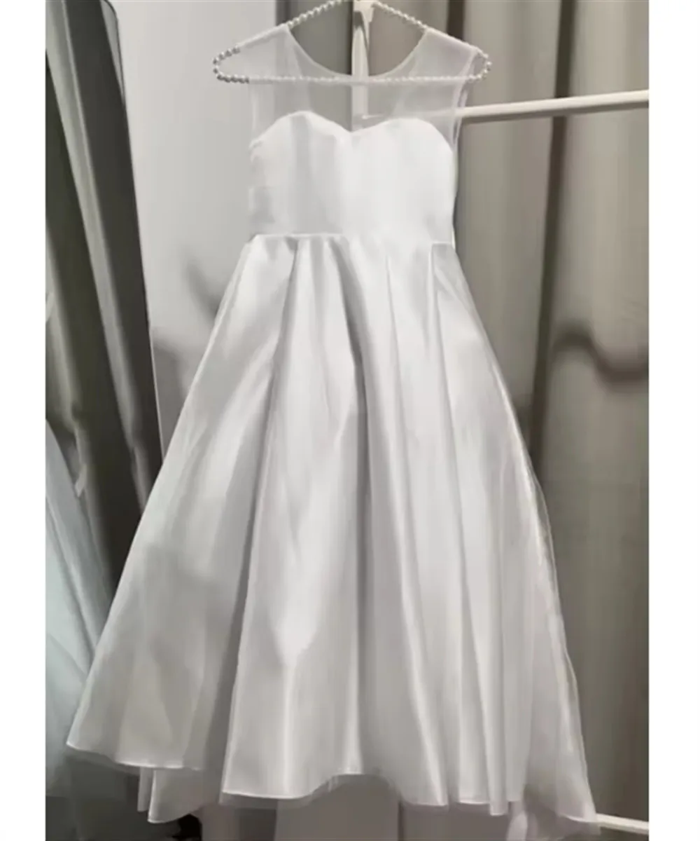 Customized White Child Flower Girl Dress for Wedding Satin Bow Sleeveless Long Bridesmaid Pageant Robe First Communion Gown