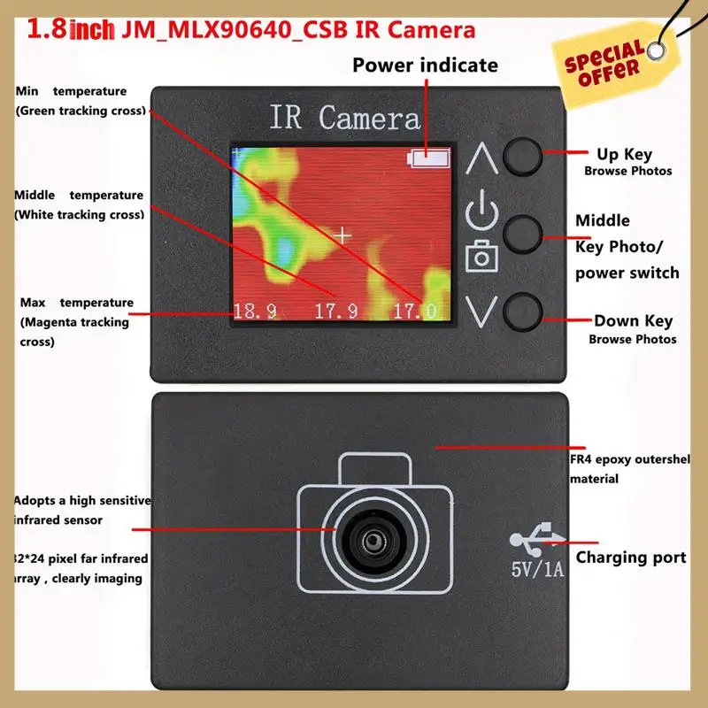 MLX90640 مستشعر درجة الحرارة بالأشعة تحت الحمراء تصوير حراري بسيط 1.8 بوصة شاشة LCD كاميرا تصوير بالأشعة تحت الحمراء محمولة باليد باللون الأسود