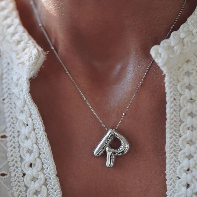 Vintage Chubby Balloon Bubble Chunky Letter Necklace for Women Men A-Z Initial Necklaces Collar Jewelry Gifts