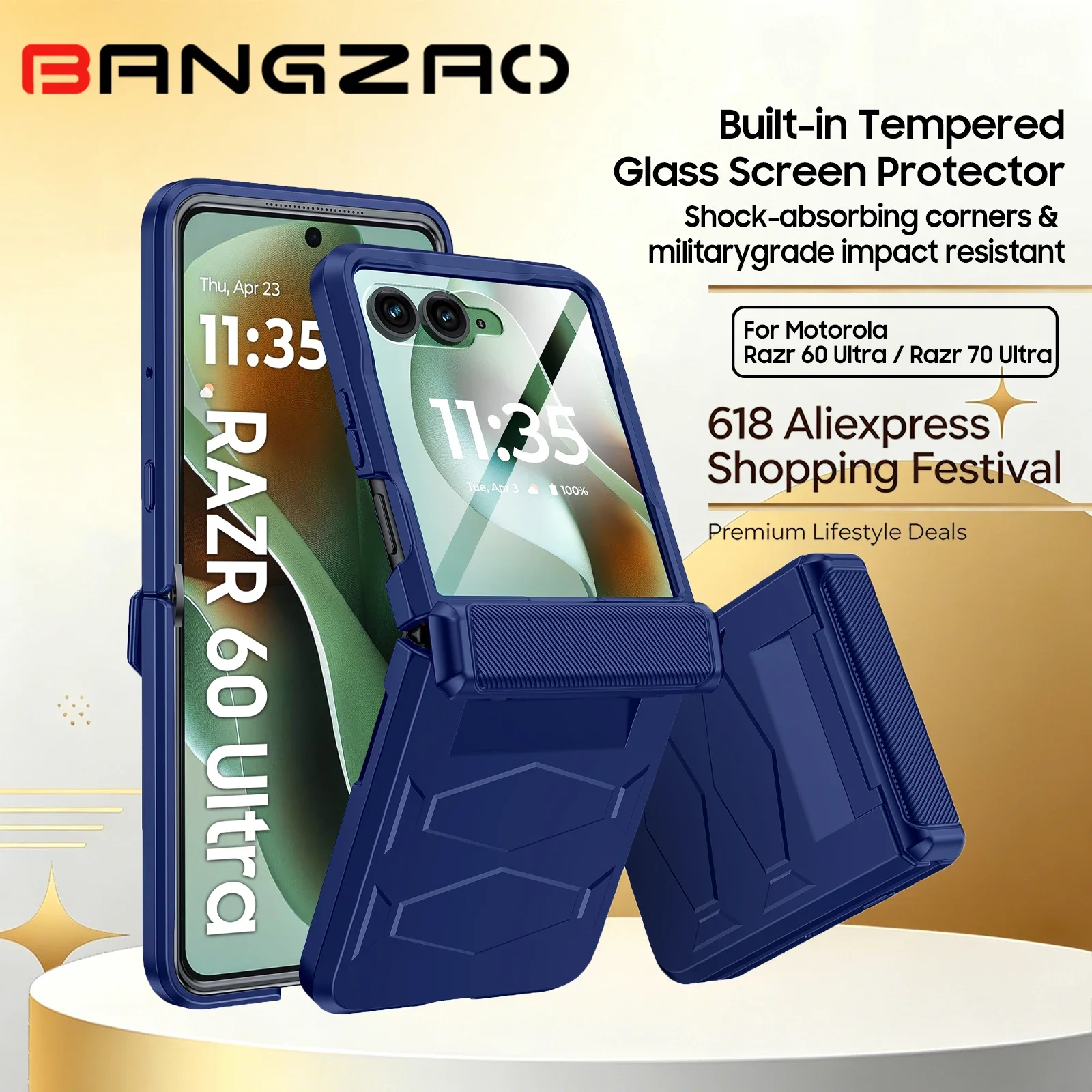 ¡Oferta 618! Funda Protectora para Motorola Razr 60 Ultra/70 Ultra con Cristal Templado HD Incorporado, Protección de Grado Militar Contra Caídas, Protección de Bisagra - Azul