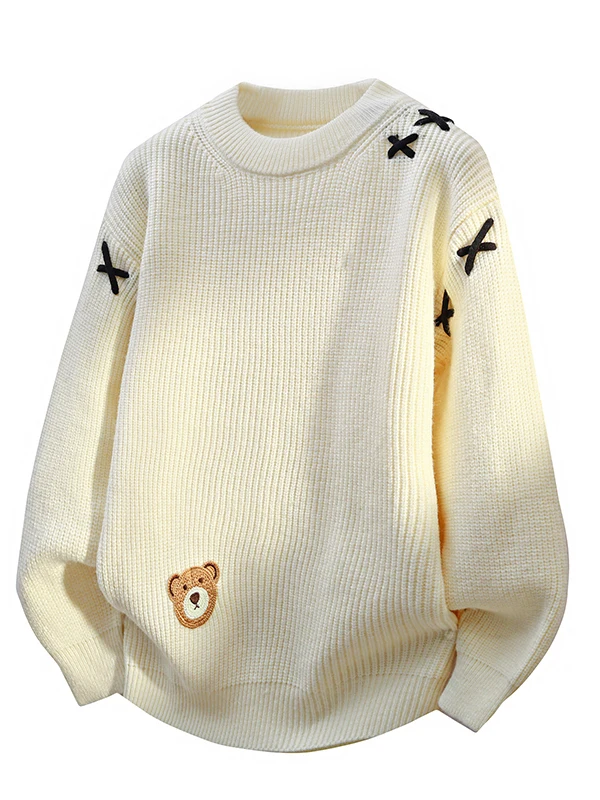 

2025 New round Ne Knitted Sweater Bear Embroidery Loose Fit ex Autumn Winter Faion Casual Wear Polyester Fiber