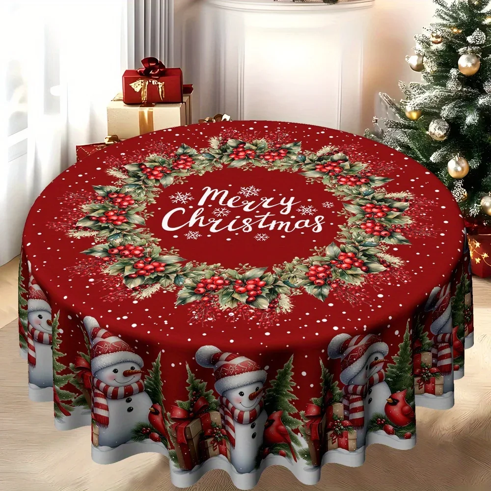 JIT, 1pc Christmas classic creative snowman cardinal holly wreath printed kitchen/dining round tableclothzyc