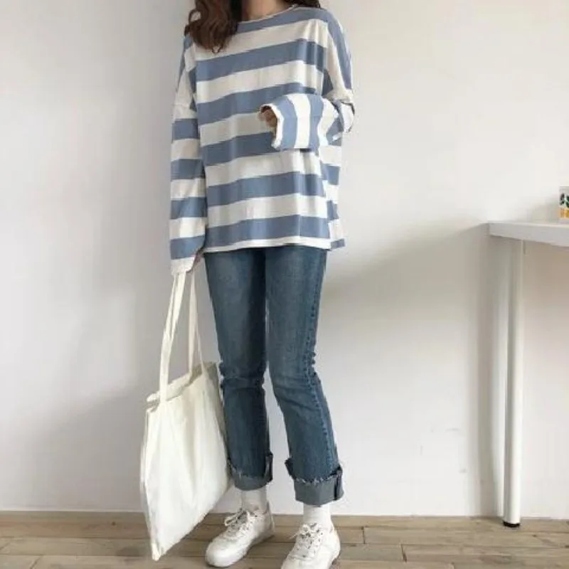 Korean Version of Harajuku Style Striped Long Sleeved T-shirt for Women's College Style Trendy Top with A Base Shirt