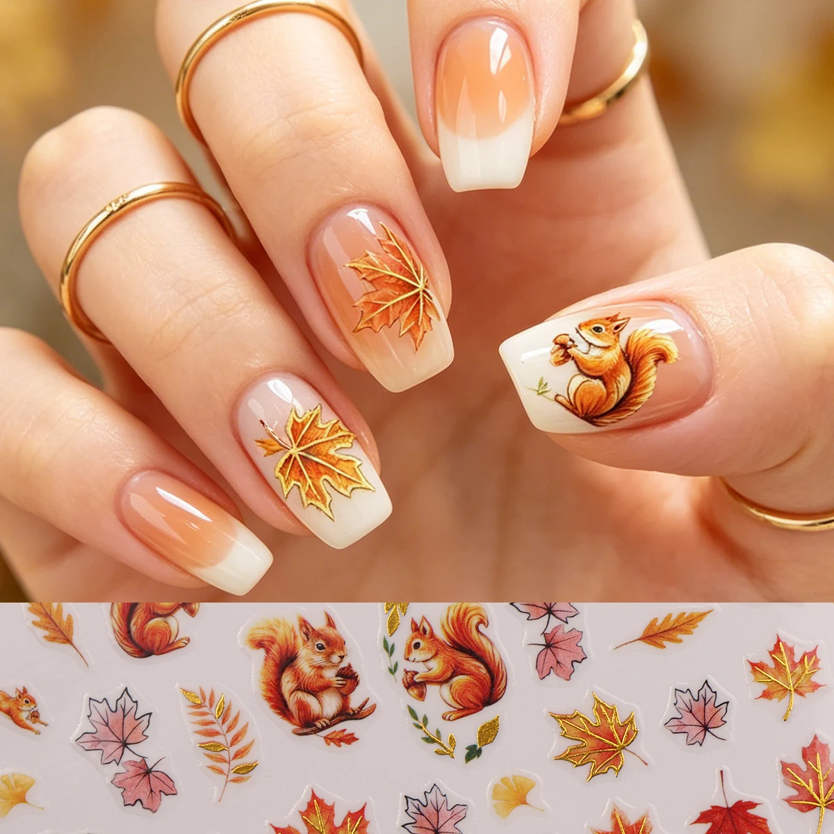 2 Sheets Autumn Rustic Golden Foil Nail Stickers, Golden Leaf Maple Squirrel Wheat Nail Decals, Fall DIY Nail Art Decorations