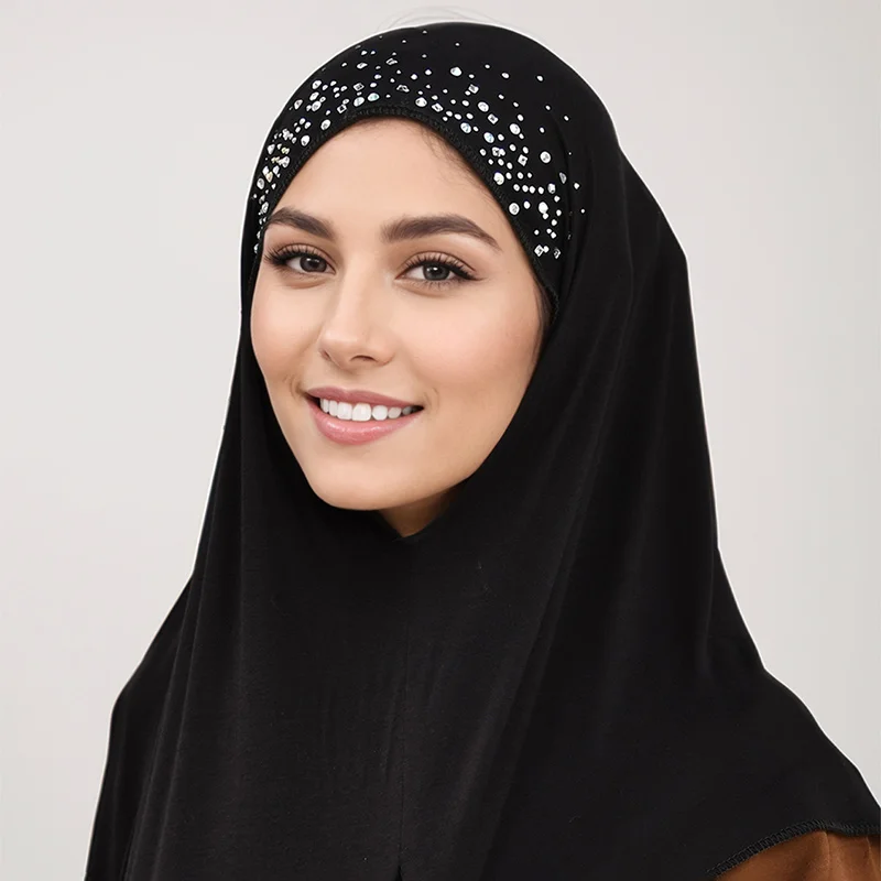 Muslim Rhinestone Cotton Jersey Instant Hijab Scarf For Woman Hijab Plain Shawl Wraps Irregular Ready To Wear Headband Scarves